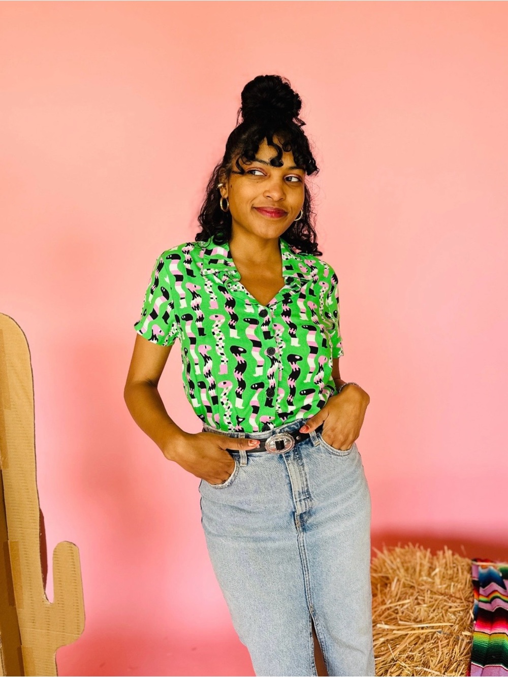 Nooworks Joyce Sssnakes Green Patterned Short Sleeve Button-Up Top